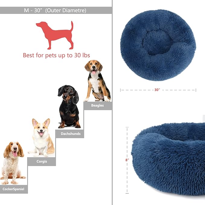 Calming Dog Bed for Medium Dogs Washable Donut 30 inches Anti-Slip Pet Bed,Round Fluffy Plush Faux Fur Cat Bed,Fits up to 45 lbs Pets,Navy Blue