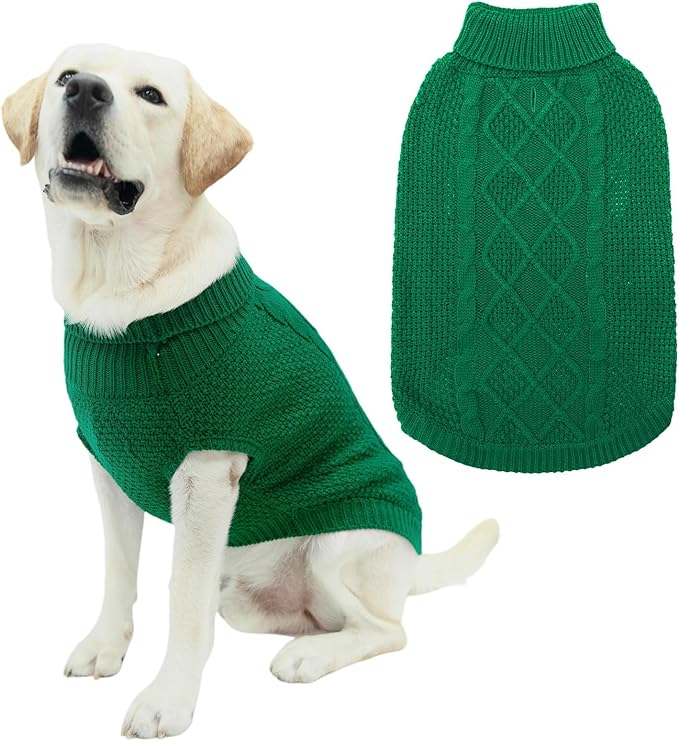 Mihachi Turtleneck Dog Sweater - Winter Coat Apparel Classic Cable Knit Clothes with Leash Hole for Cold Weather, Ideal Gift for Pet in New Year Green Medium/Large
