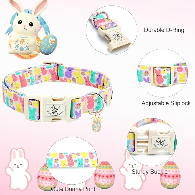 Elegant little tail Easter Dog Collar,Bunny Pattern Pet Collar Pink Durable Holiday Female or Male Adjustable Cotton Pet Collar with Quick Release Buckle for Small Dogs