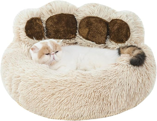 Jiupety Paw Shape Calming Pet Bed, Plush Faux Fur Donut Bed for Dogs & Cats, Machine Washable, Non-Slip Bottom, Medium (22"×22"×6"), Camel