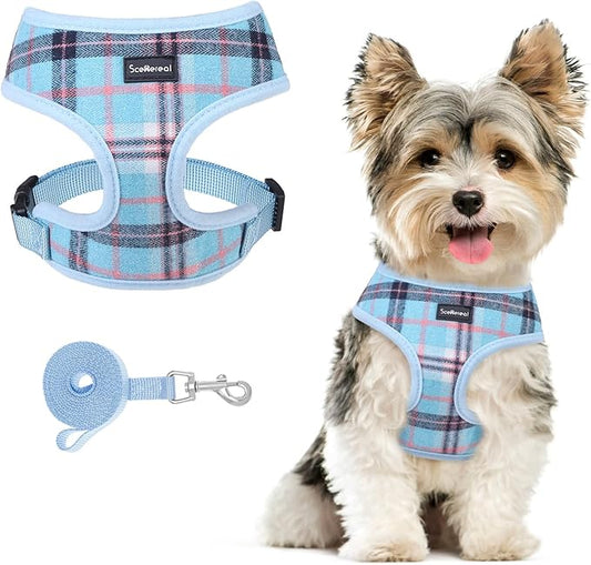 SCENEREAL Puppy Dog Harness with Leash Set for Small Medium Sized Dogs, Soft Mesh Step in Pet Harnesses and Leash, No Chock Plaid Adjustible No Pull Vest for Dogs Cats, Chihuahua,Bulldog (Blue XS)