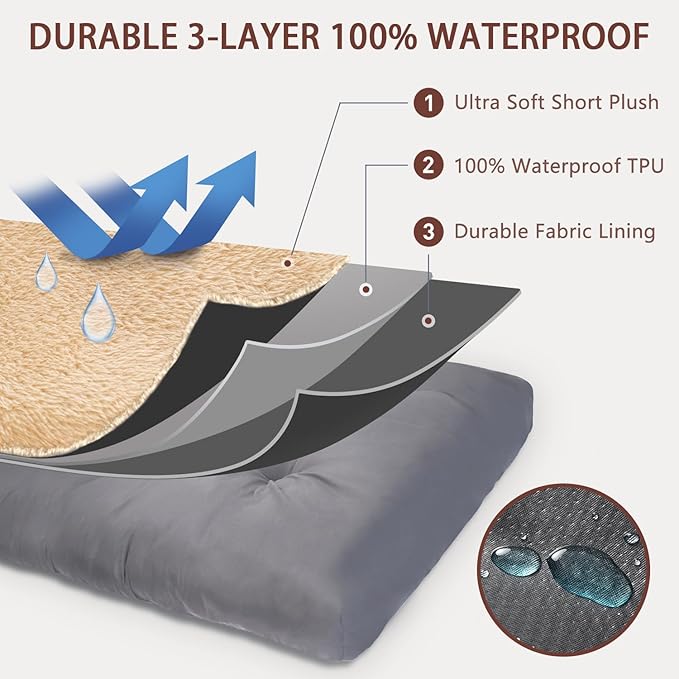 Dog Crate Bed Waterproof Deluxe Plush Dog Beds with Removable Washable Cover Anti-Slip Bottom Pet Sleeping Mattress for Large, Medium, Jumbo, Small Dogs, 47 x 29 inch, Brown