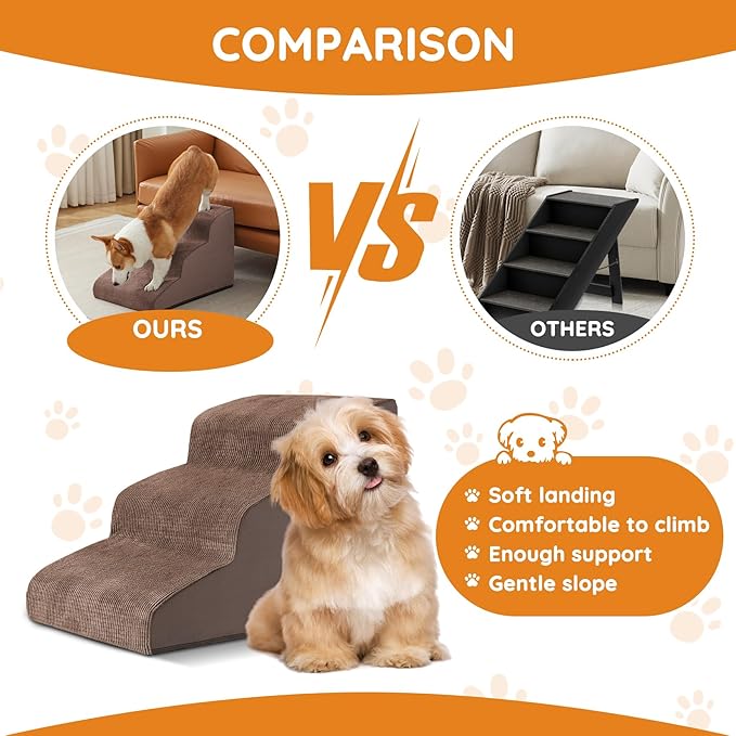 Pet Stairs, Dog Stairs for Small Dogs, Dogs Steps, 3-Step Curved Dog Ramp for Bed, Couch, Sofa, Car and Chair, Non-Slip Bottom Design, Cat Scratching Board, High Density Foam Portable Pet Step, Coffee
