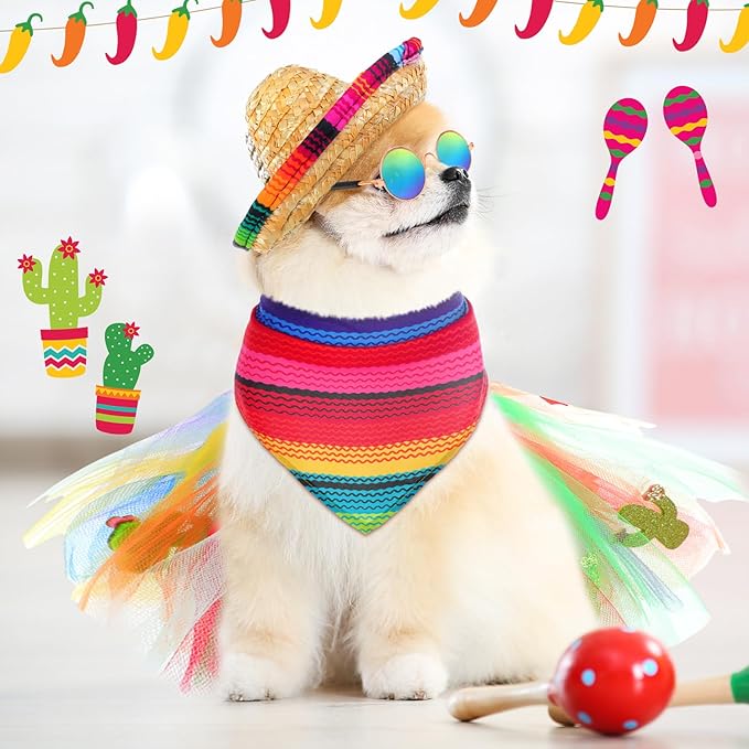 JaGely 4 Pieces Pet Mexican Costume Dog Outfit Accessories Includes Mexican Cinco De Mayo Pet Sombrero Hat, Triangle Dog Bandana Glasses and Tulle Tutu Skirt for Medium Large Pets Mexican Costume