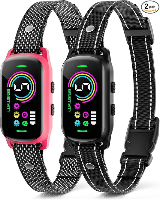 2 Pack Bark Collar, Rechargeable Dog Bark Collar for Large Medium Small Dogs, Smart Training Collar with 5 Adjustable Sensitivity Beep Vibration Harmless Shock, Anti Barking Device for Dogs (Pink)