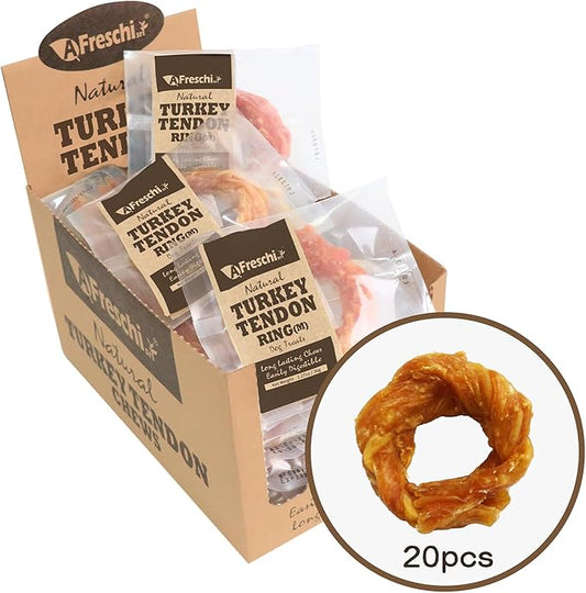 Afreschi Turkey Tendon for Dogs, Dog Treats for Signature Series, All Natural Human Grade Puppy Chew, Turkey Sourced from USA, Hypoallergenic, Rawhide Alternative, 20 Units/Box Ring (Medium)
