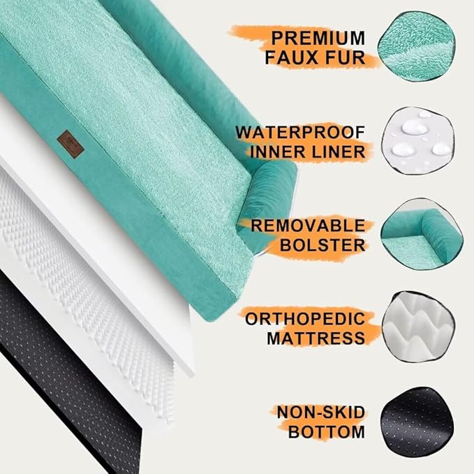 Orthopedic Washable Large Dog Bed, Dog Beds with Removable Cover, Large X XL Pet with Bolster, Washable Aqua Blue Dog Beds with Orthopedic Egg Foam for Medium Large Dogs