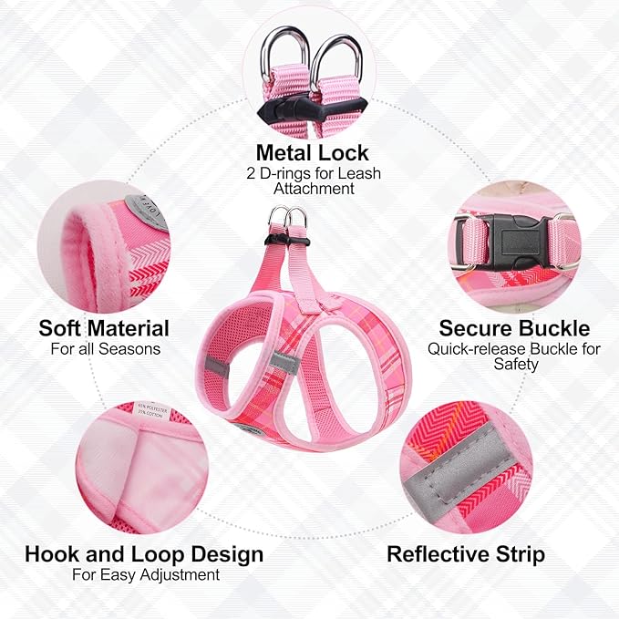 BEAUTYZOO Small Dog Harness and Leash Set, Step in No Choke No Pull Soft Mesh Dog Harnesses Reflective for Small Medium Puppy Dogs and Cats, Plaid Dog Vest Harness for S M Pets, Light Pink M