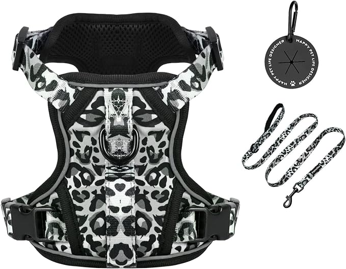 Petmolico Dog Harness for Small Dogs, Cute Harness Vest with Two Leash Clips and Soft Handle, Reflective Easy Walk Puppy Vest - Grey Leopard, Medium