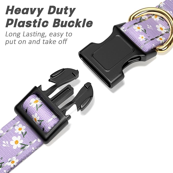 Reflective Dog Collar for Large Dogs, Cute Flower Theme Adjustable Heavy-Duty Nylon Puppy Collar for Boy and Girl Female, Soft Pet Accessories with Quick Release Buckle, Purple White