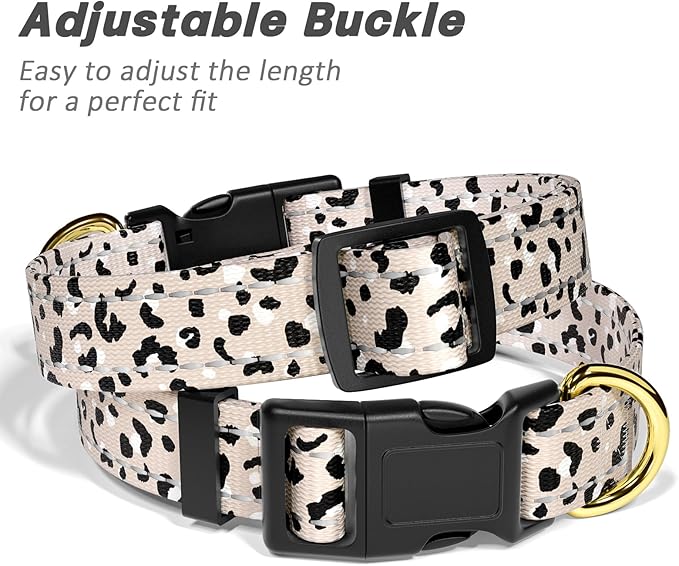Reflective Dog Collar for Small Dogs, Cute Leopard Style Adjustable Heavy-Duty Nylon Puppy Collar for Boy and Girl Female, Soft Pet Accessories with Quick Release Buckle, Beige