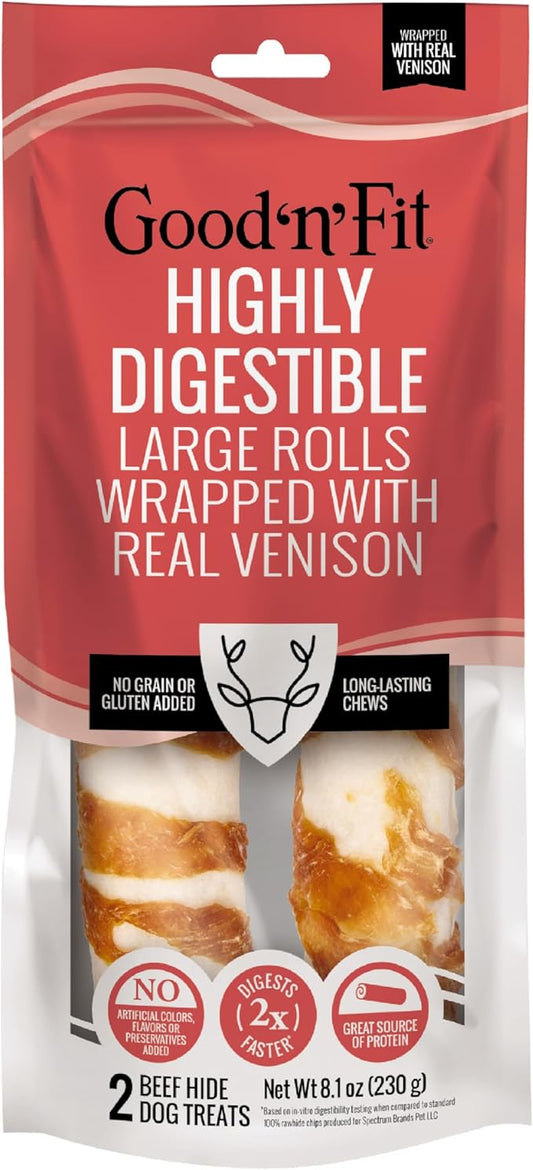 Good ‘n’ Fit Rolls Made with Real Venison, 2 Large Rolls, Treat Your Dog to a Long-Lasting and Highly Digestible Rawhide Chew