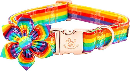 Elegant little tail Dog Collar, Rainbow Flag Dog Collar Flower LGBT Flower Dog Collars Holiday Pet Gift Adjustable Soft Puppy Collar for Large Dogs