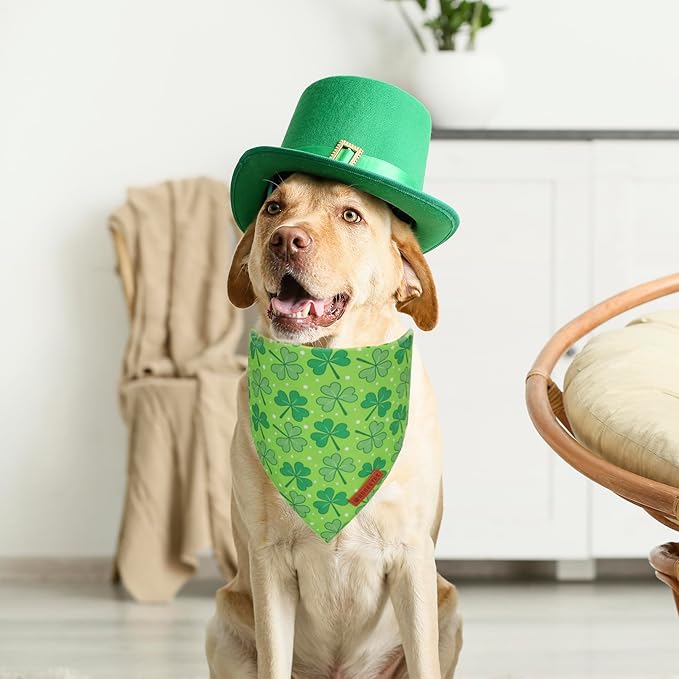 ADOGGYGO St. Patrick's Day Dog Bandana, Green Shamrock Pet Scarf, Adjustable Fit Saint Patrick Bandanas for Medium Large Dogs (Large)