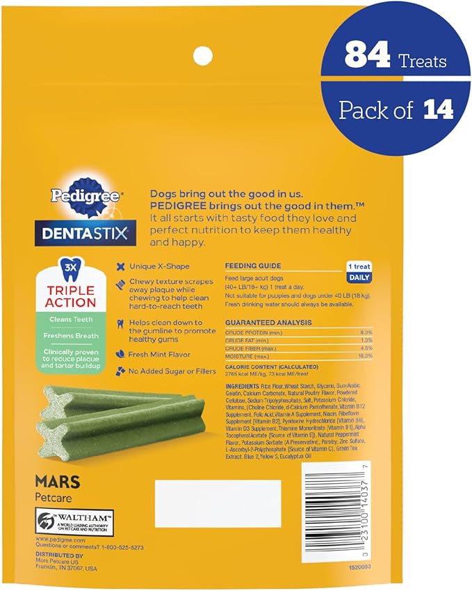 PEDIGREE DENTASTIX Dental Dog Treats for Large Dogs Fresh Flavor Dental Bones, 5 oz. Pack, Pack of 14 (84 Total Treats)