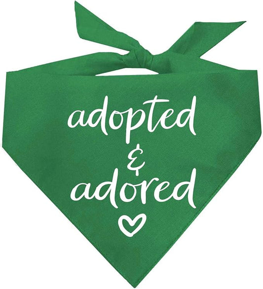 Adopted and Adored Dog Bandana | 100% Cotton Adjustable Triangle | Made in USA | Adoption Event Prop Photoshoot | Rescue | Green One Size (380)