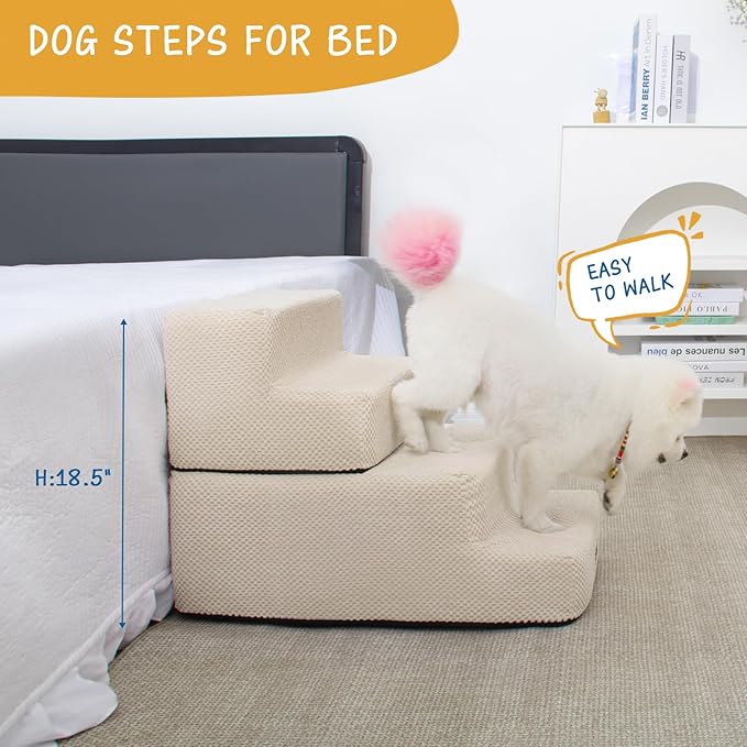 Dog Stairs for Small Dogs & Cats, 4-Step Non-Slip Pet Steps for Beds & Couches, Beige, 18.5" H