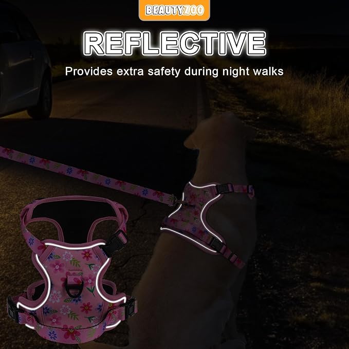 BEAUTYZOO No Pull Dog Harness Medium,Adjustable Dog Harness and Leash Set -Easy Wearing with 3 Buckles/Control Handle,No Choke Soft Padded Reflective Pet Vest for Training Walking Hiking,Pink M