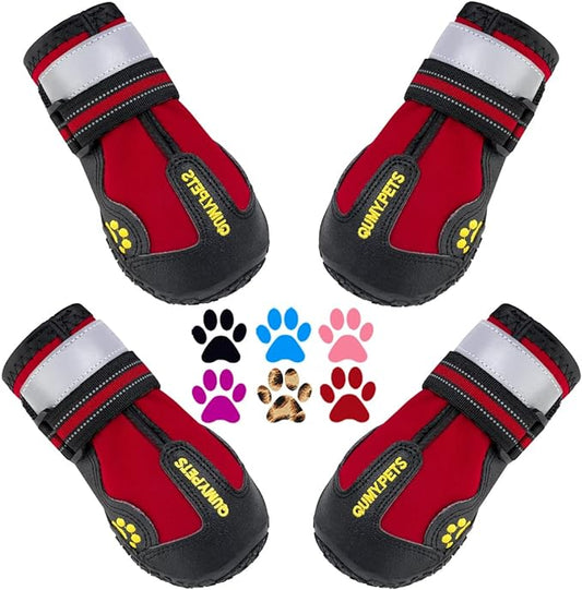 QUMY Dog Shoes for Large Dogs, Medium Dog Boots & Paw Protectors for Winter Snowy Day, Summer Hot Pavement, Waterproof in Rainy Weather, Outdoor Walking, Indoor Hardfloors Anti Slip Sole Red Size 6