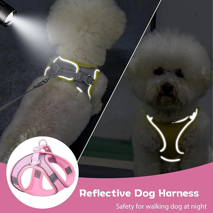 Soft Small Dog Harness and Leash Set Mesh Puppy Harnesses Leash Easy Walk Dog Harness Vest Adjustable Reflective No Pull Dog Harnesses for Small Dogs Cats (Pink,XS)