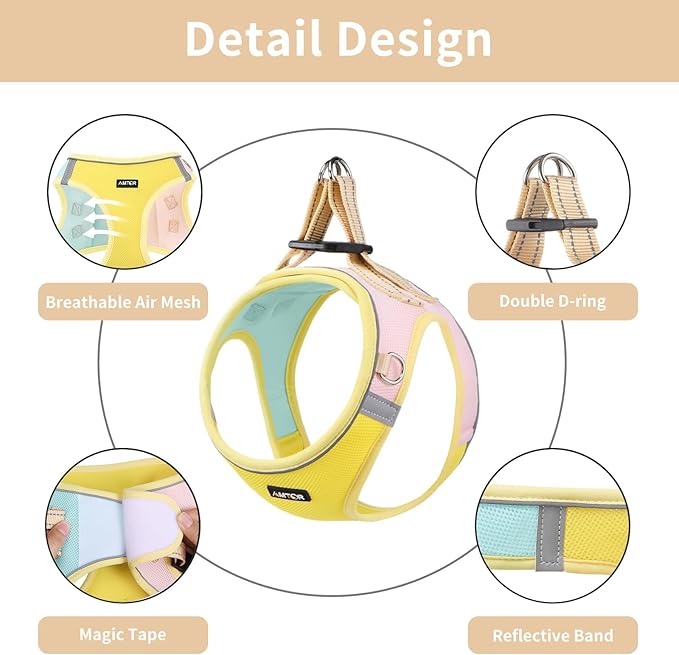 AMTOR Small Dog Harness with Leash Set, No Escape Easy Walk Puppy Harnesses for Training Walking, Step-in Reflective Soft Dogs Vest for XS S Medium Extra-Small Large Sized Dog(Yellow)