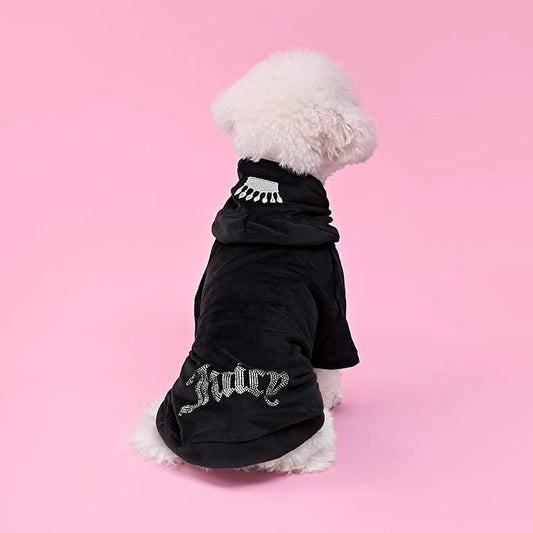 Juicy Couture Bling Velour Pet Hoodie - Black - XS/S (2-7 lbs.) - Pet Hoodies for Small Dogs or Cats