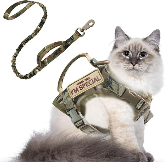 Tactical Cat Harness for Walking Escape Proof, Adjustable Pet Vest Harness, Soft Mesh with Control Handle for Large Cat Small Dog, Gift with Patch (Camouflage, cat Harness and Leash Set)