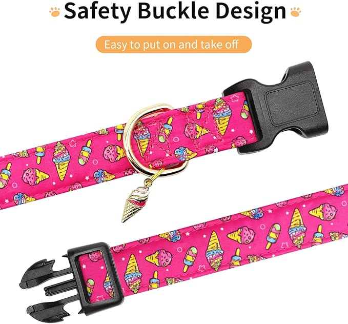 Cotton Dog Collar,Adjustable Cute Puppy Collar with Moon Patterned Design for Small Medium Large Dogs,Soft and Fancy Pet Collar with Safety Buckle for Girl Boy Dogs (Red Ice Cream, L)