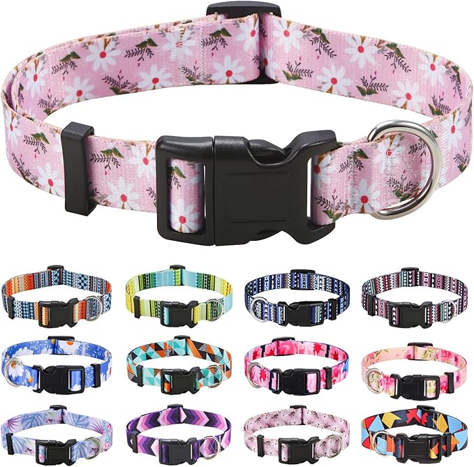 Dog Collar with Bohemia Floral Tribal Geometric Patterns - Soft Ethnic Style Collar Adjustable for Small Medium Large Dogs (Pink White Flower,M)