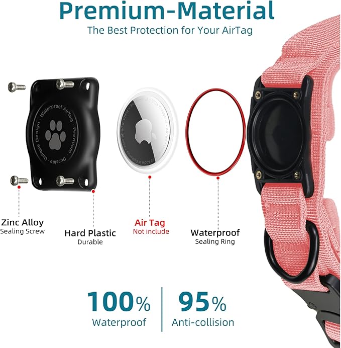 Tactical AirTag Dog Collar, 100% Waterproof Integrated Apple Air Tag Dog Collars with Hard PC AirTag Holder, Adjustable Military Collar with Handle, GPS Dog Collar for Medium Large Dogs