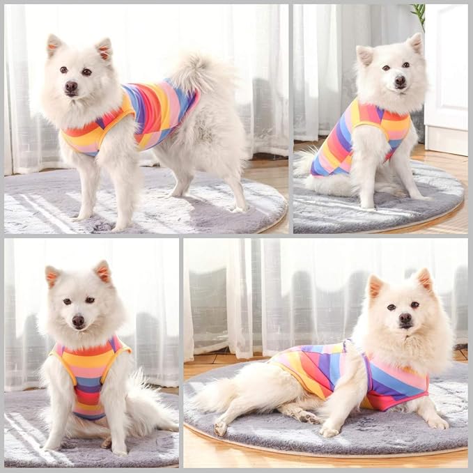 Dog Shirts Cotton Striped T-Shirts, Breathable Basic Vest for Puppy and Cat, Super Soft Stretchable Doggy Tee Tank Top Sleeveless, Fashion & Cute Color for Boys and Girls (M, Rainbow)