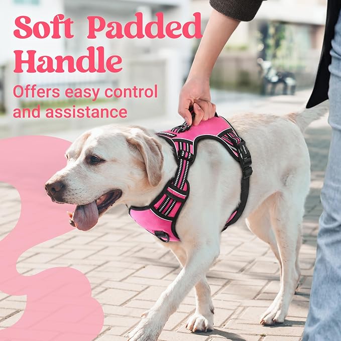 rabbitgoo Dog Harness for Large Dogs, No Pull Pet Harness with Soft Padded Handle, Adjustable Reflective Vest with 3 Buckles, Easy Walking Harness with 2 Leash Clips, Pink, XL