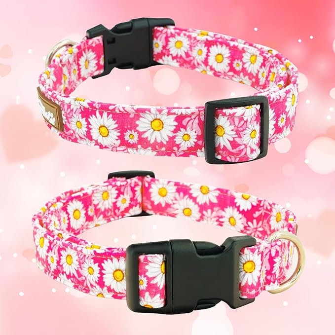 Tunkoo Pink Daisy Dog Collar, Cute Adjustable Premium Cotton Collar Durable Plastic Buckle for Small Medium Large Boys Girls Dogs, L