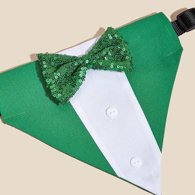 Dog Tuxedo Collar for Wedding Engagement Birthday St. Patrick's Day, Formal Bandana Collar Costume with Bow Tie and Adjustable Buckle,Suitable for Small Pup. (Green, S)