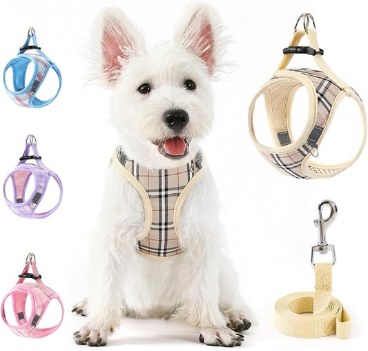 voopet Small Dog Harness and Leash Lightweight Cat Comfort Padded Soft Mesh Vest Step in Dog Harness No Pull No Choke Reflective Small Plaid Girl & Boy Puppy Kitty Walking Harness, Beige S