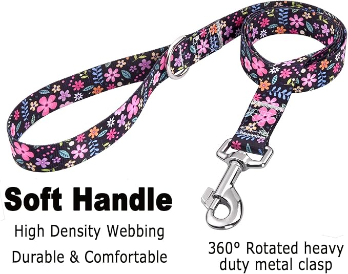 Dog Collar and Leash Set with Bohemia Floral Tribal Geometric Patterns - Soft Ethnic Style Collar Adjustable for Small Medium Large Dogs(Floral Set,XS)