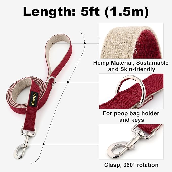 Plutus Pet Cotton Hemp Dog Collar and Leash Set, Adjustable Collar for Small, Medium, and Large Dogs, Heavy Duty and Soft on Skin, Red, XS