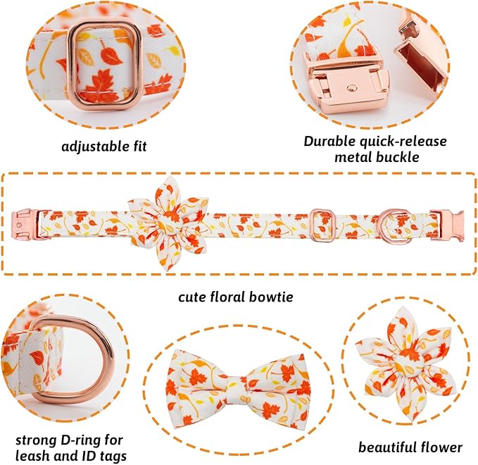 Dog Collar and Leash Set Girls Adjustable Puppy Collars with Floral Bow Tie for Small Medium Large Female Dogs, Orange Maple Leaf, L