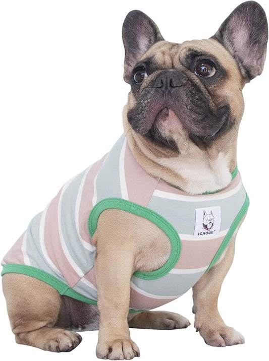 iChoue English Bulldog T Shirts 100% Cotton Striped Clothes for Medium Dogs Tank Tops Vest Large French Frenchie Pug Boston Terrier Pitbull Summer Pink Stripes - XL