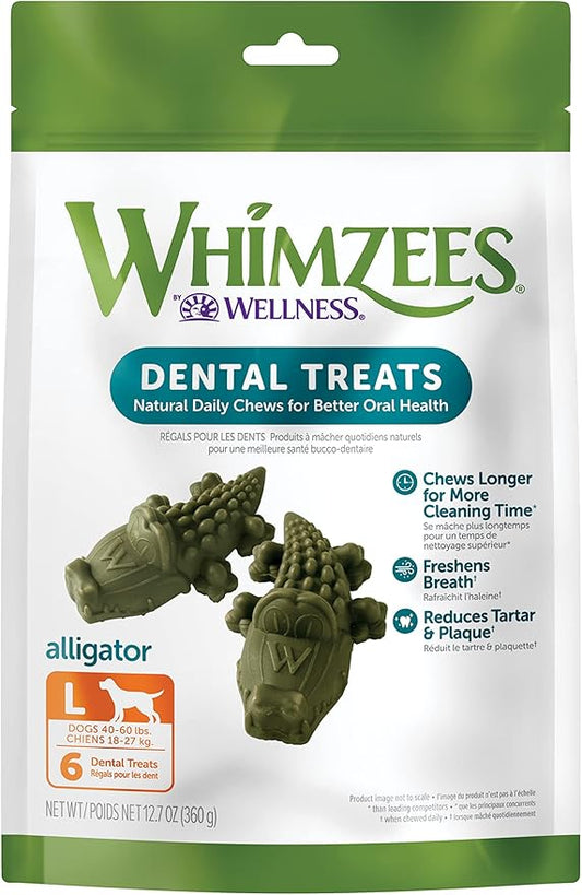 Whimzees Wellness Alligator Dog Dental Treats, Natural Chews, Large Size, (6 Count)