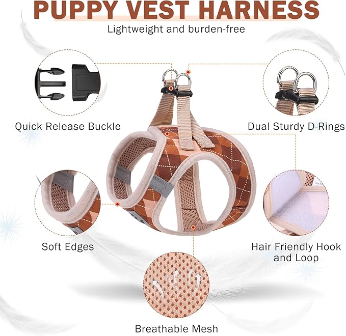 SCENEREAL Dog Harness Collar and Leash Set, Step-in No Pull Pet Vest Harnesses for Small Medium Dogs Puppy Cats, Soft Mesh No-Chock Reflective Vest Harness for Outdoor Walking Running, Brown Plaid XS