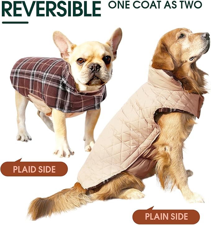 Kuoser Warm Dog Coat, Waterproof Dog Jacket for Extra Large Dogs, Adjustable Durable XL Doggie Winter Coat Reversible Cozy Puppy Cold Weather Apparel from Small to Large Breed, Brown XL