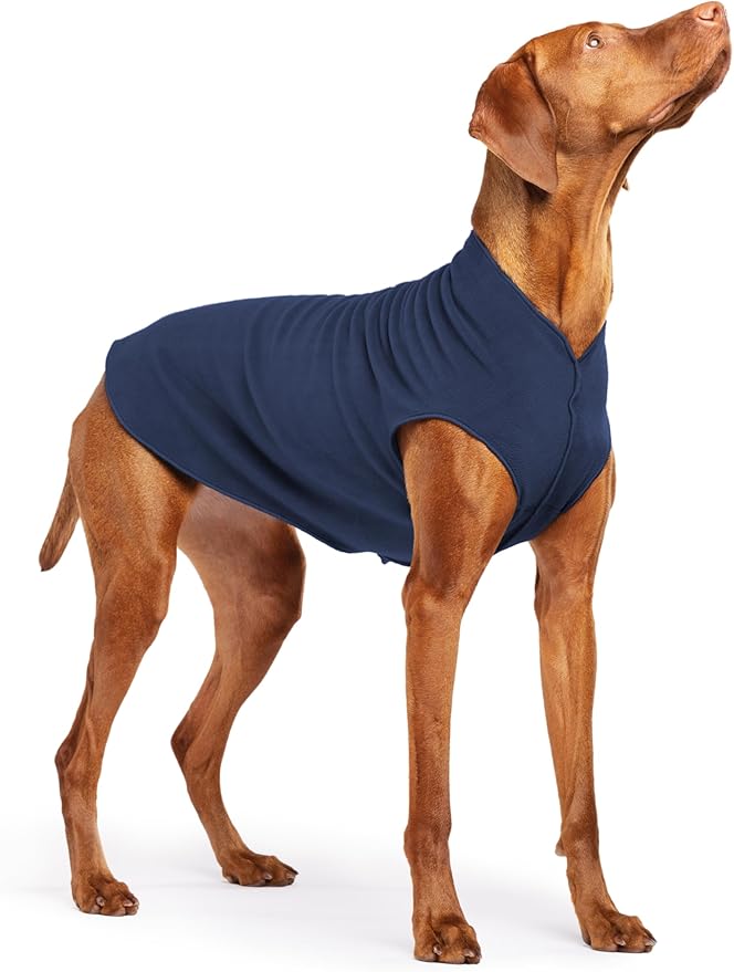 Stretch Fleece Dog Coat, Stretchy Pet Sweater, Machine Washable Pullover for Winter and Fall, Navy, Size 18