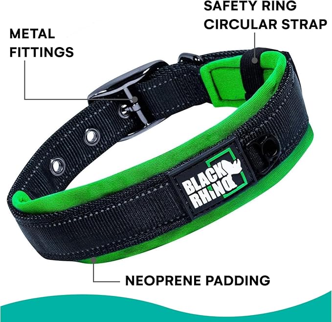 Black Rhino Extra Large Dog Collars - Adjustable Reflective Heavy Duty Wide Dog Collar with Ultra-Soft Neoprene Padding - Weatherproof, Durable, and Comfortable for Active Dogs - Green and Black
