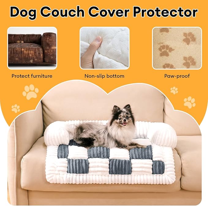 FUNNY FUZZY Pet Couch Covers for Sofa, Dog Couch Cover Protector 27.56×25.59" Cozy Cream Plaid Washable Pet Bed Mat for Furniture Sofa Cover for Dogs Cats, Small, Muted Grey