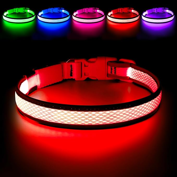 Flashseen LED Dog Collar, USB Rechargeable Light Up Dog Collar Lights, Adjustable Comfortable Soft Mesh Safety Dog Collar for Small, Medium, Large Dogs(Small, Ruby Red)
