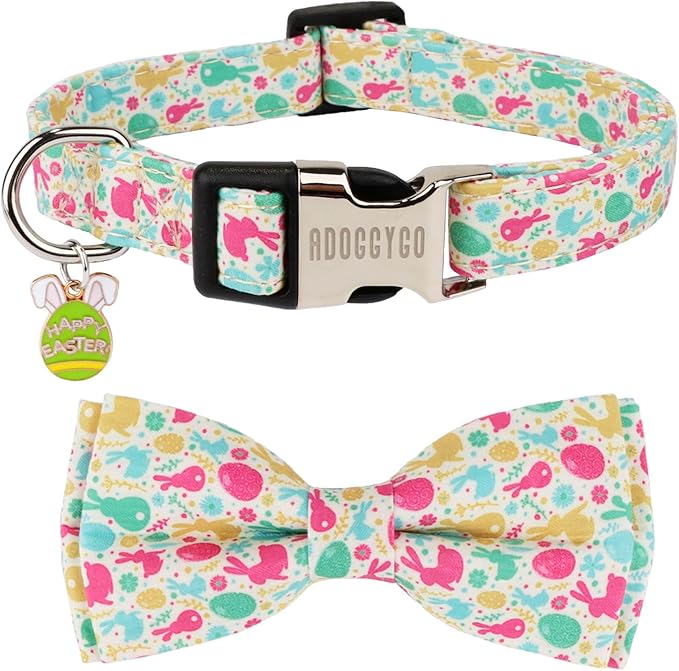 ADOGGYGO Easter Dog Collar with Detachable Bow, Adjustable Easter Bunny Bowtie Collar for Small Medium Large Dogs (Large)
