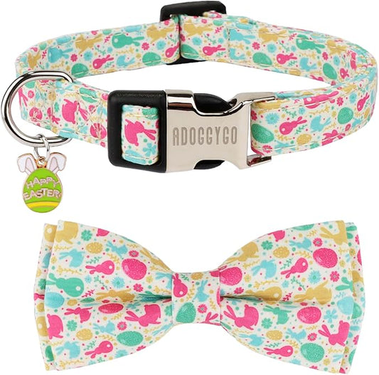 ADOGGYGO Easter Dog Collar with Detachable Bow, Adjustable Easter Bunny Bowtie Collar for Small Medium Large Dogs (Small)