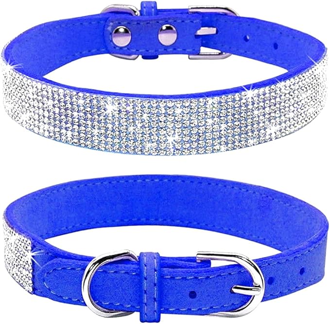 Rhinestone Dog Collar, Cute Dazzling Sparkling Soft Suede Leather Dog Cat Rhinestone Collar Crystal Diamond Pet Dog Puppy Collar (S, Dark Blue)