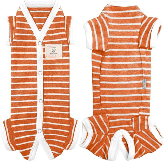 TONY HOBY Female/Male Pet Dog Pajamas Stripes 4 Legged Dog pjs Jumpsuit Soft Cotton Dogs Clothes (L, Orange+White-Girls)